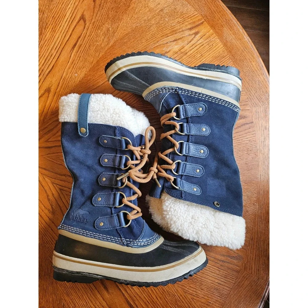 Sorel Joan of Arctic shearling Winter Snow Boots Navy Blue Waterproof Suede sz 6